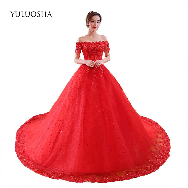 

YULUOSHA Bepeithy Wedding Dress Appliques Boat Neck Chapel Train Gown Long Plus Size Wedding Gowns Custom Made Vestido De Noiva
