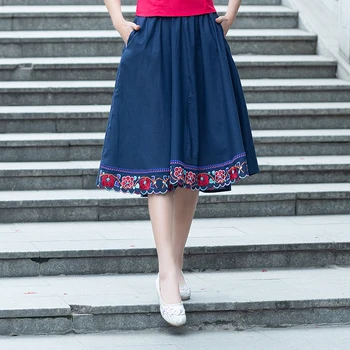 

KYQIAO long skirts for women autumn spring Mexico style ethnic design blue embroidery midi skirt women clothes