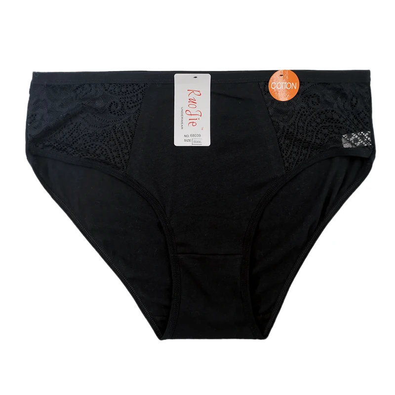 Черный Хлопок 2XL-4XL Большие размеры с высокой талией женские трусики однотонные кружевные трусики нижнее белье женские сексуальные трусики большого размера 68039 - Цвет: Черный