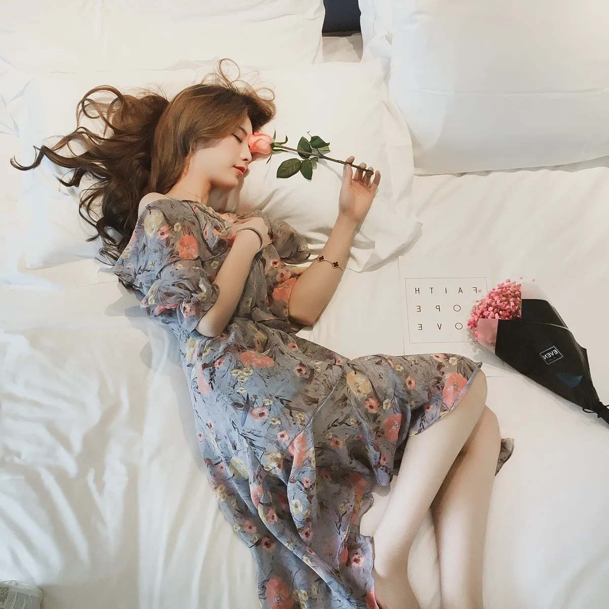 

2019 Summer New Style Korean-style Sweet Horizontal Neck Camisole Floral Print Loose-Fit off-Shoulder Mid-length Dress Women's