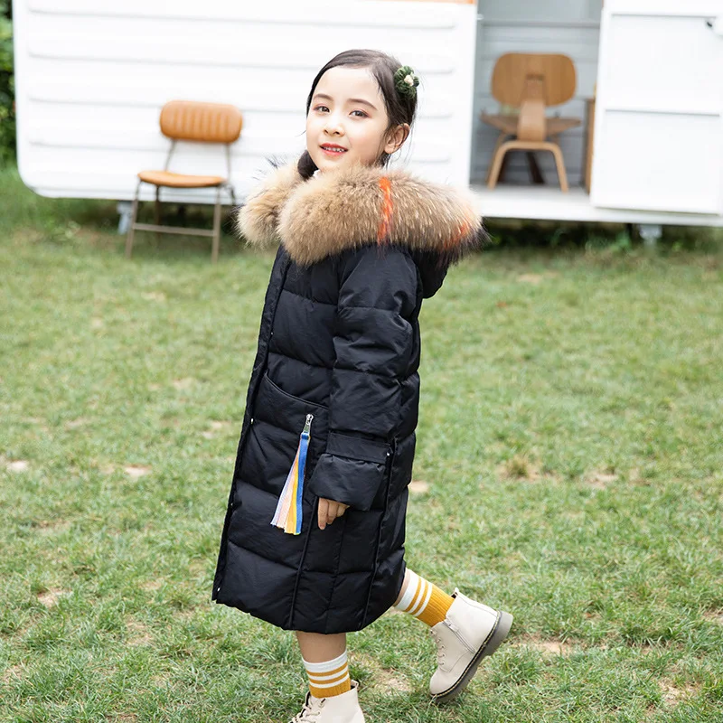 Dollplus/пальто для девочек зимняя детская одежда зимняя меховая куртка для девочек 12 лет, теплое плотное длинное однотонное пуховое пальто с капюшоном - Цвет: Черный