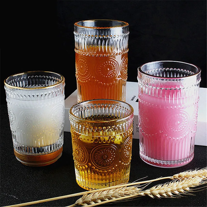 

Retro Water Glass Drinking Glasses with Gold Rim Creative Embossed Transparent Cold drink Glass Milk Beverage Glass Wine Glass