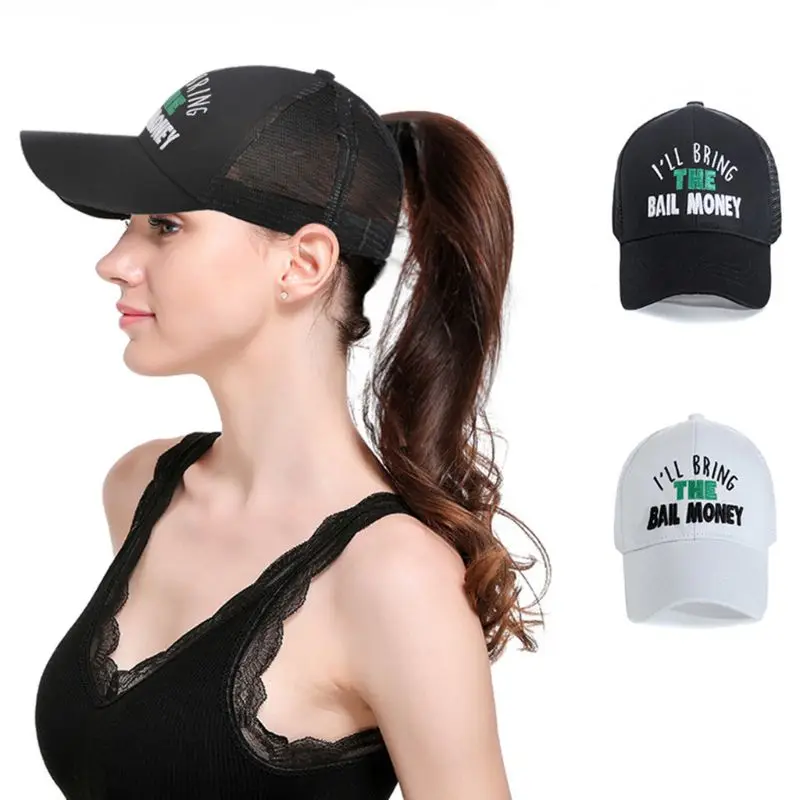 

Women Men Casual Summer Ponytail Messy Bun Cap Letter I'll Bring The Bail Money Embroidered Mesh Back Adjustable Hip-Hop Sun Hat