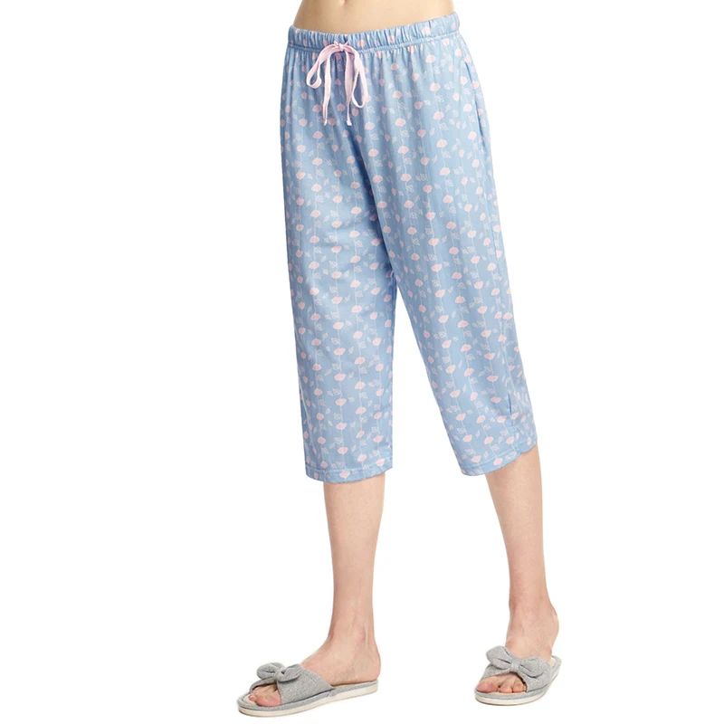 THREEGUN женские Пижамные шорты, укороченные штаны полной длины, кружевные Хлопковые женские штаны для сна, свободные штаны с эластичной резинкой на талии, домашние штаны, партия - Цвет: Blue floral
