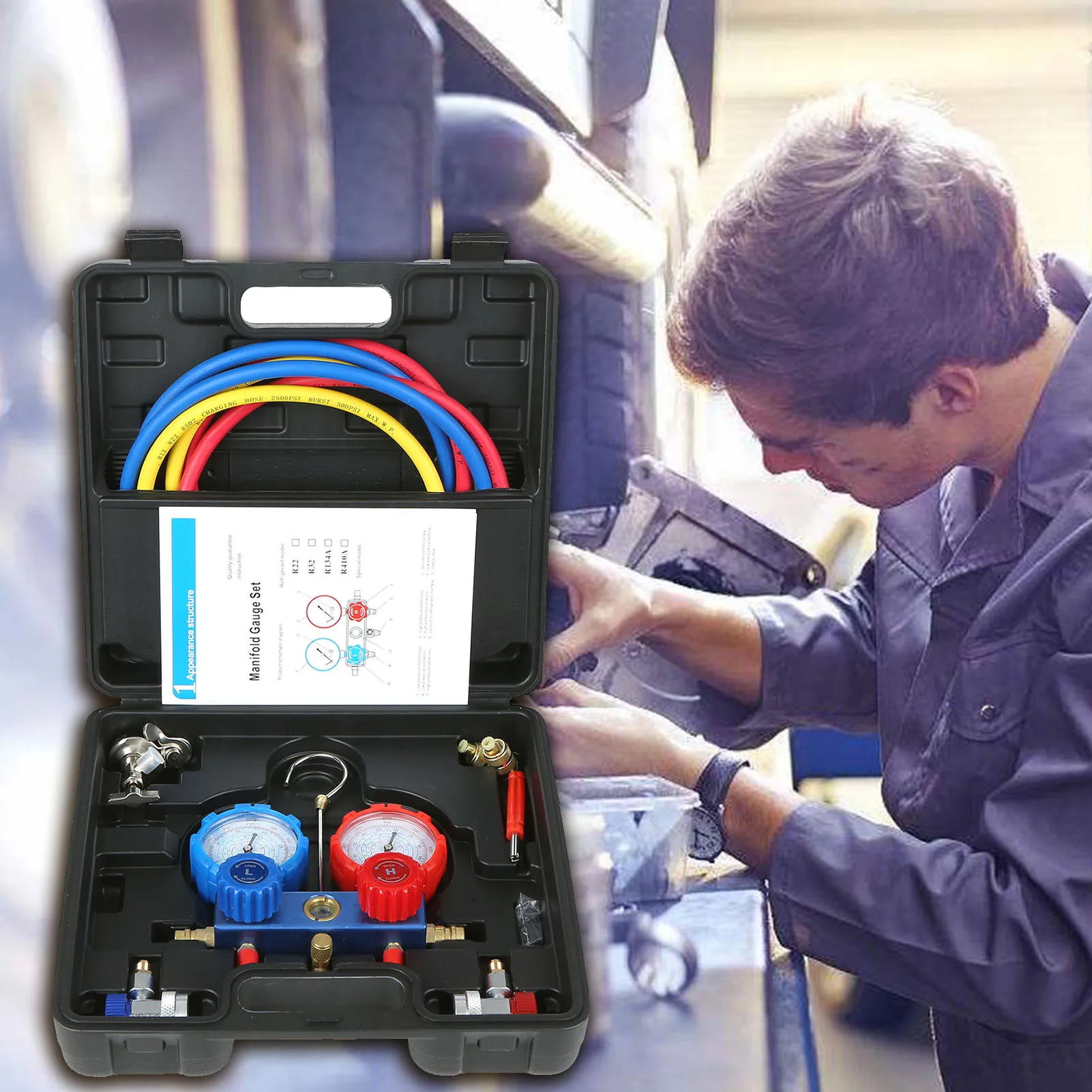 Car R410a Gauges HVAC Manifold Gauge Set for R410A R22 R134a R404A Refrigerant 3 Way Household