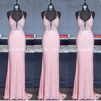

Halter Neck Blush Pink Evening Dress Illusion Bodice Applique Women Party Gown Mermaid Style Sweep Train Vestito Donna Cerimonia