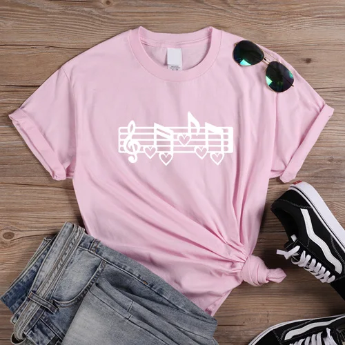 ONSEME/футболка с надписью «Music Note»; женская одежда; коллекция года; одежда в Корейском стиле с надписью «Love music love life»; летние хлопковые топы для девочек; Q-919 - Цвет: Pink-White