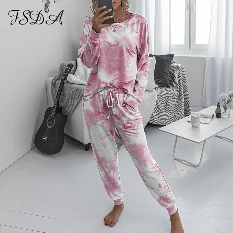 FSDA 2020 Women Set Tie Dye Long Sleeve Top Shirt O Neck And Pants Tracksuit Two Piece Casual Outfit Lounge Wear |
