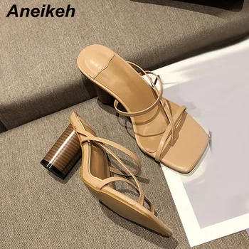 

Aneikeh Summer Women Slippers 2020 Fashion Sandals Open Toe Narrow Band High Heels Slippers Slip On WOOD WORK Heel Ladies Slides