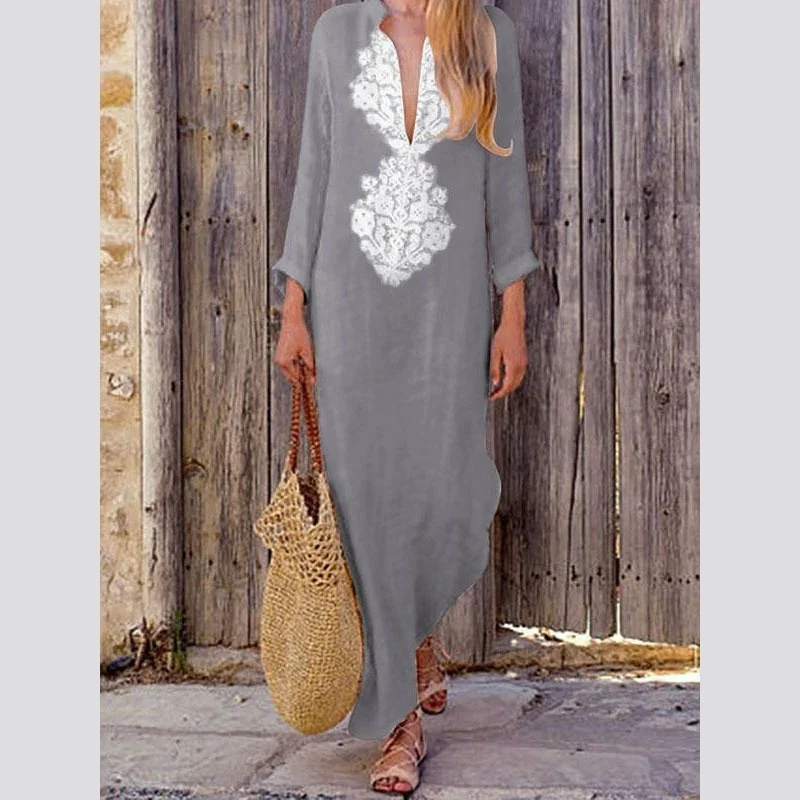 Мусульманские платья абайя женское повседневное льняное платье Boho крючком кафтан абайя длинное Кружевное Платье макси с v-образным вырезом кимоно