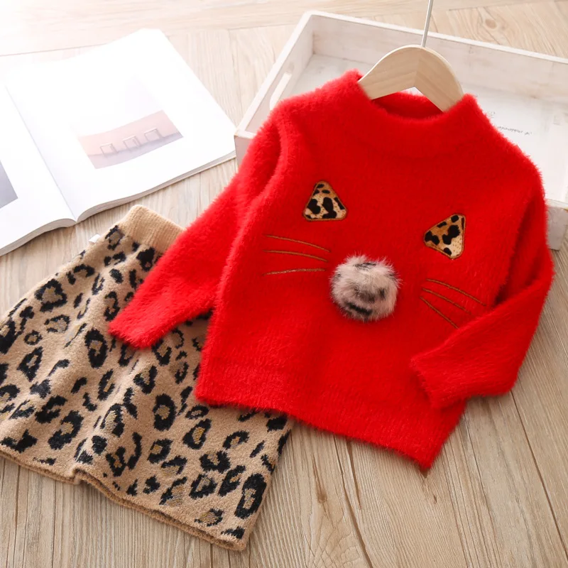 Осенне-зимний комплект одежды для детей; свитер с длинными рукавами для девочек; платье с леопардовым принтом; повседневная детская одежда из 2 предметов; рождественское платье