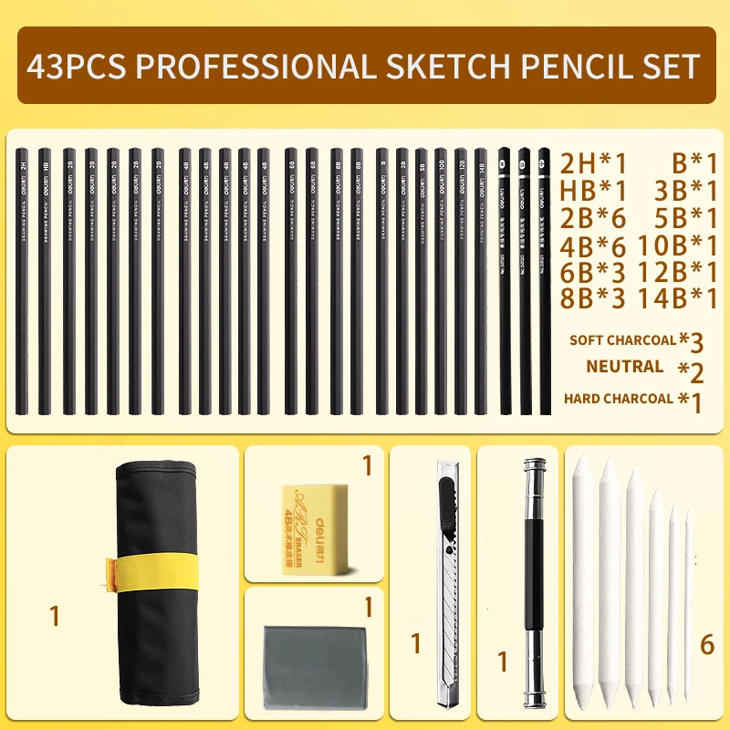 24/25/43Pcs Sketch Pencil Set Professional Sketching Drawing Kit Wood Pencil Pencil Bag For Painter School Students Art Supplies