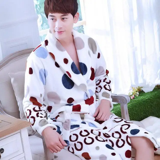 Winter New Couple Flannel Lady Kimono Bathrobe Gown Thicken Nightdress Sleepwear Casual Nightwear Nightgown Soft Home Clothing - Цвет: Men 1