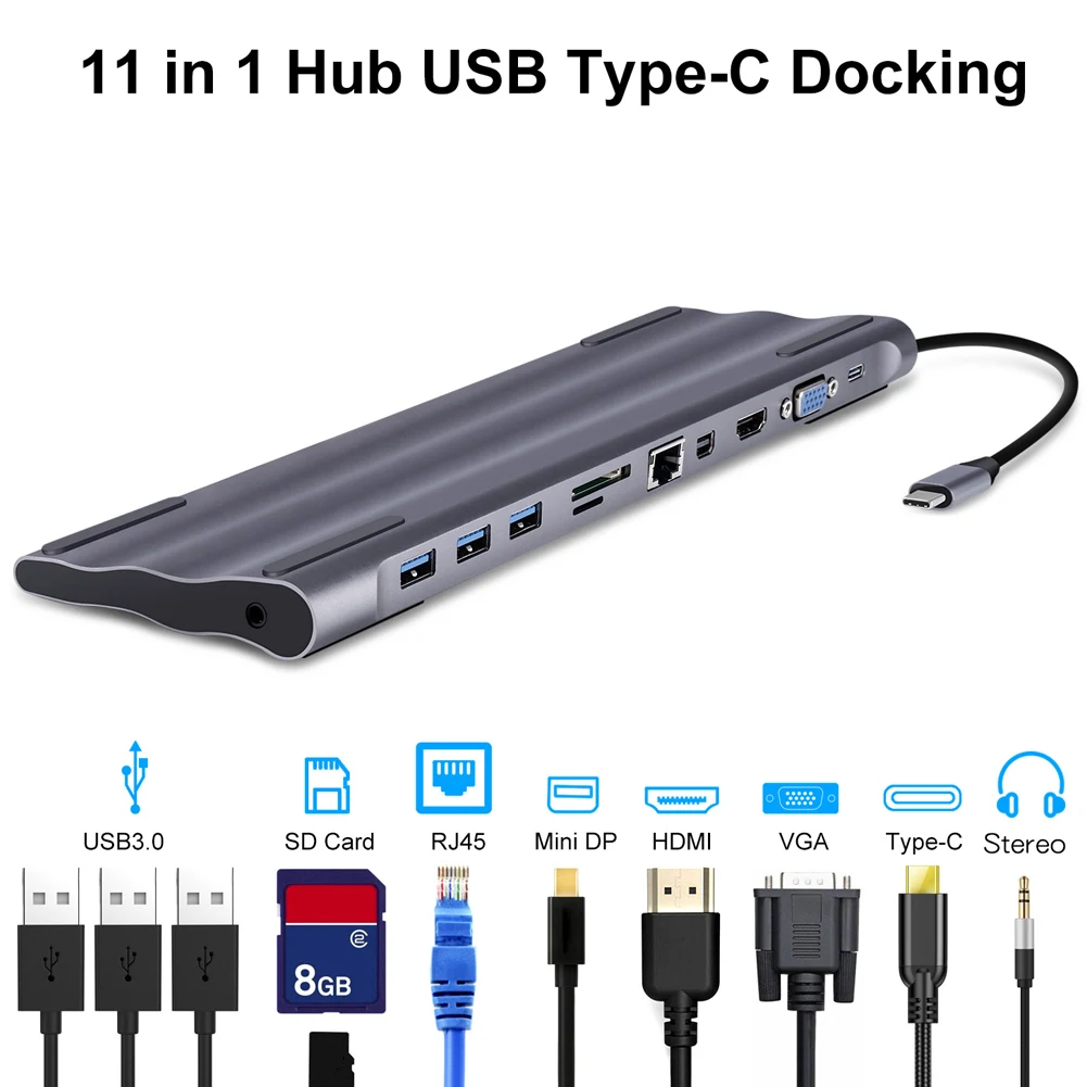 

USB C Hub 11 In 1 Laptop Docking Station Type-C to USB 3.0 HDMI VGA RJ45 DP Adapter for MacBook GDeals