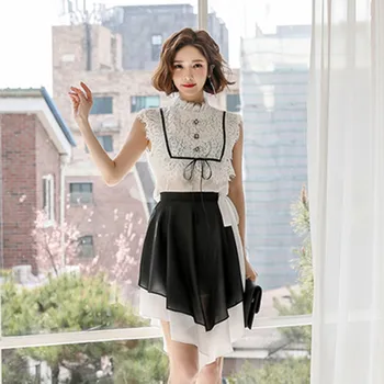 

2020 Summer Office OL Work Wear Casual 2 Pieces Set New Fashion Sleeveless Lace Patchwork Crop Top And Lace-up Irregular Skirt