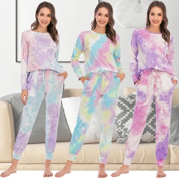 

Women Gradient Tie-Dye Pajamas Set Long Sleeve Pullover Tops Drawstring Pockets Joggers Pants Lounge Sleepwear Tracksuit