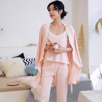 

Winter Sleepwear 3 Pieces Women Pajamas Set Sexy Lace Pink Pajamas Female Casual Home Clothes Pyjama Long Sleeve Loungewear