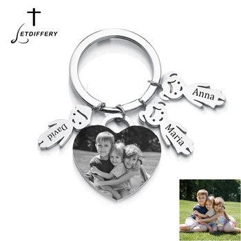 

Letdiffery Custom Heart Family Keychain Stainless Steel Engrave Kid's Photo Name Date DIY Key ring for Baby Sisters Brothers
