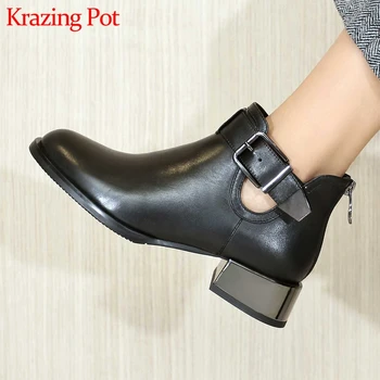 

Krazing pot genuine leather round toe zipper plus size hollow med heels ankle boots original design keep warm Chelsea boots L5f1