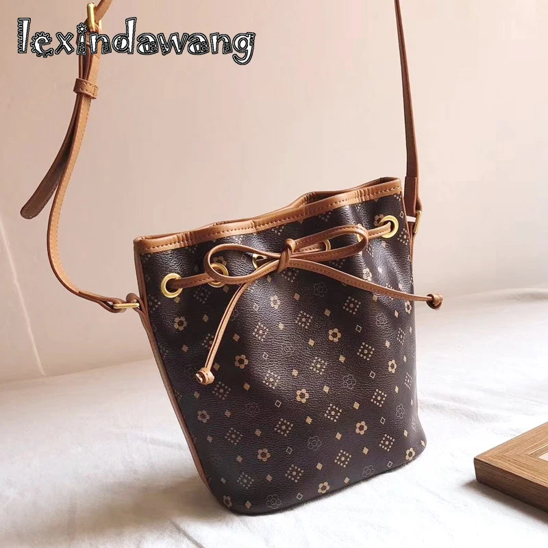 

Flower Printing Small Bucket Bags Vintage Retro Brown Color Girls Crossbody Cross Body Bags Drawstring Bow Lady Fashion Handbags