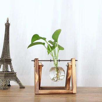 

Vintage Flower Vases Creative Hydroponic Plant Transparent Vase Wooden Frame Coffee Room Glass Tabletop Plants Home Bonsai Decor