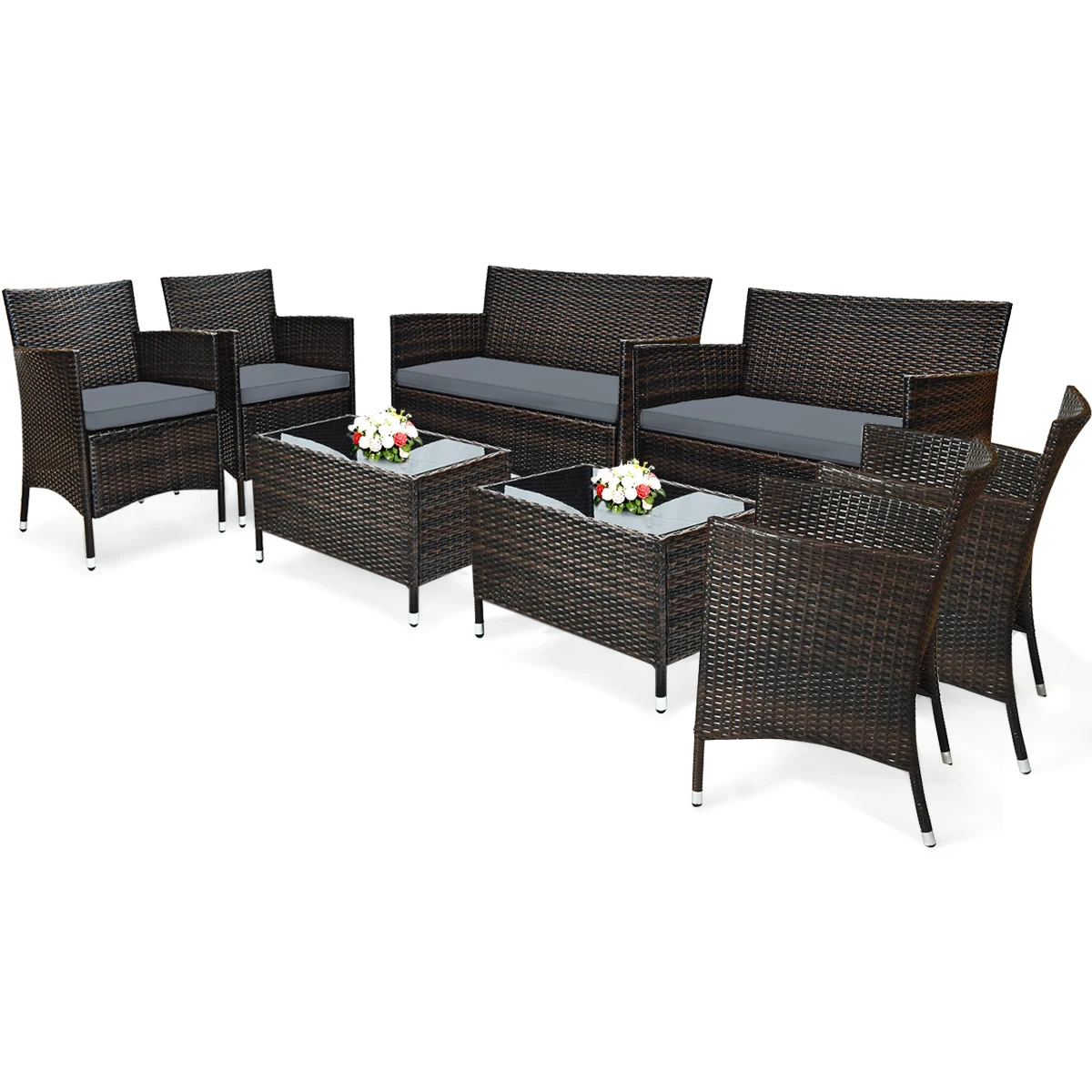 8PCS Rattan Patio Furniture Set Cushioned Sofa Chair Coffee Table Garden