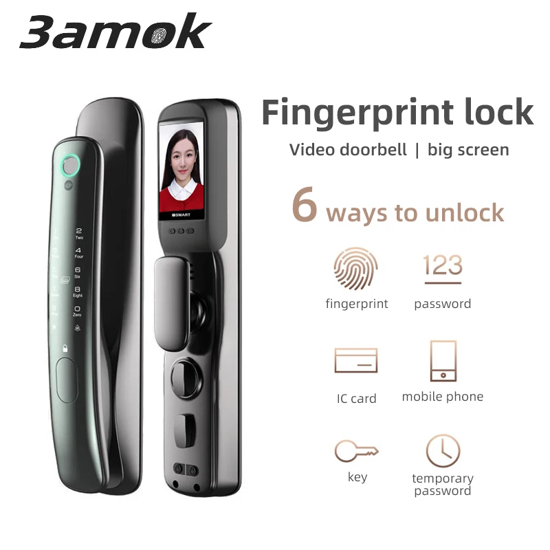 

3amok Biometric Fingerprint Lock with Video doorbell App password IC Card unlock Electronic Security Smart door lock for Home