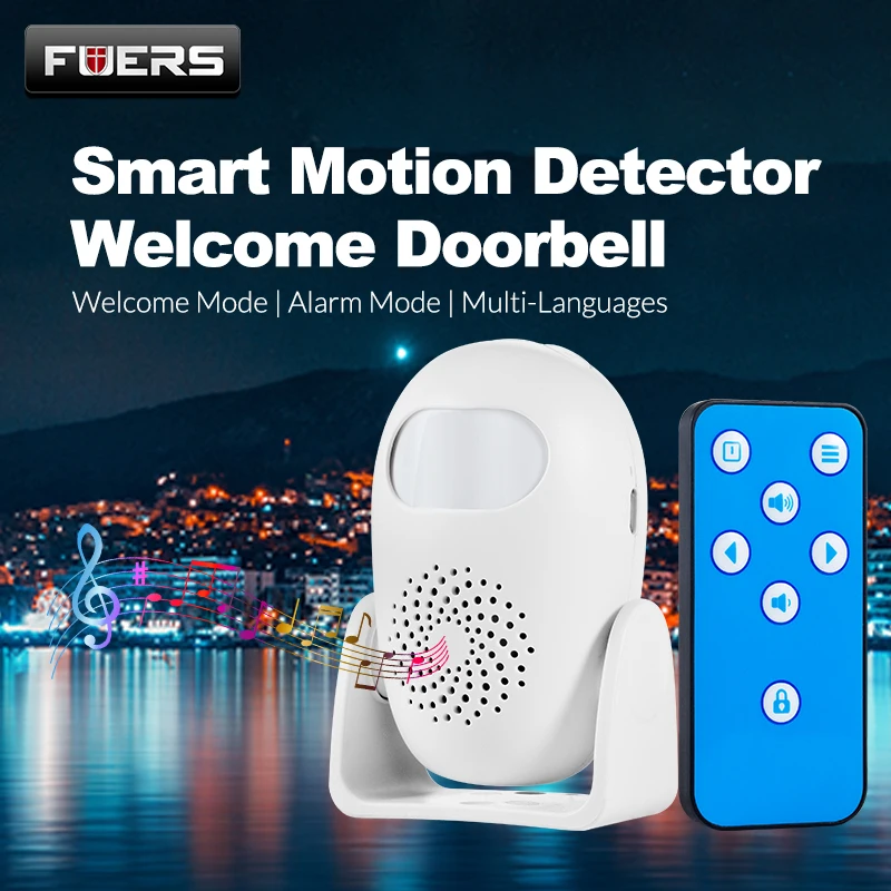 FUERS M120 Alarm Doorbell Home Security PIR Motion Detection Welcome Chime Doorbell Anti-theft Remote Control Strobe Light Greet