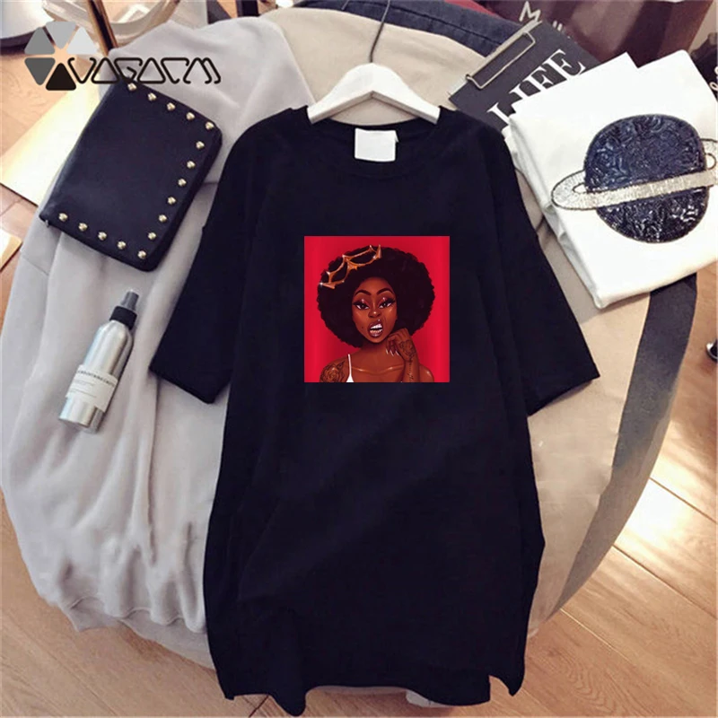 

Plus Size Summer Sundresses Women Short Sleeve Vintage Cartoon Pretty Black Girl Print Party T-Shirt Clothing Casual Vestido