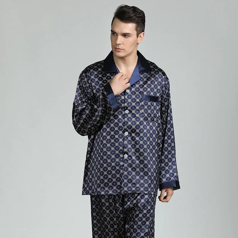 

Casual Sleep Wear Men Nightwear Imitation Silk Pajama Set Men Comfortable Soft Long Sleeved Sleepwear Set Top + Pants Two-piece