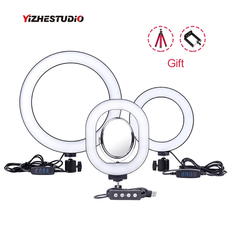 Yizhestudio-6 /10 링 조명, 조도 조절이 가능한 LED 셀피 링 조명, 무료 삼각대, 휴대폰 클립 포함, 라이브 스튜디오 메이크업 사진용