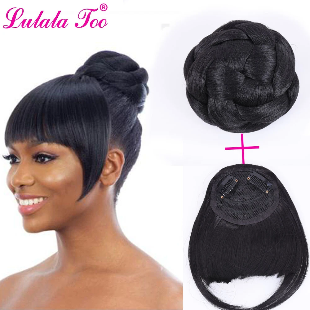 Synthetic Fake Hair Bun And Bang Set Heat Resistant Fiber Chignons  HairPiece Ponytail Wig For Women Clip in Hair Extension|Synthetic Chignon|  - AliExpress