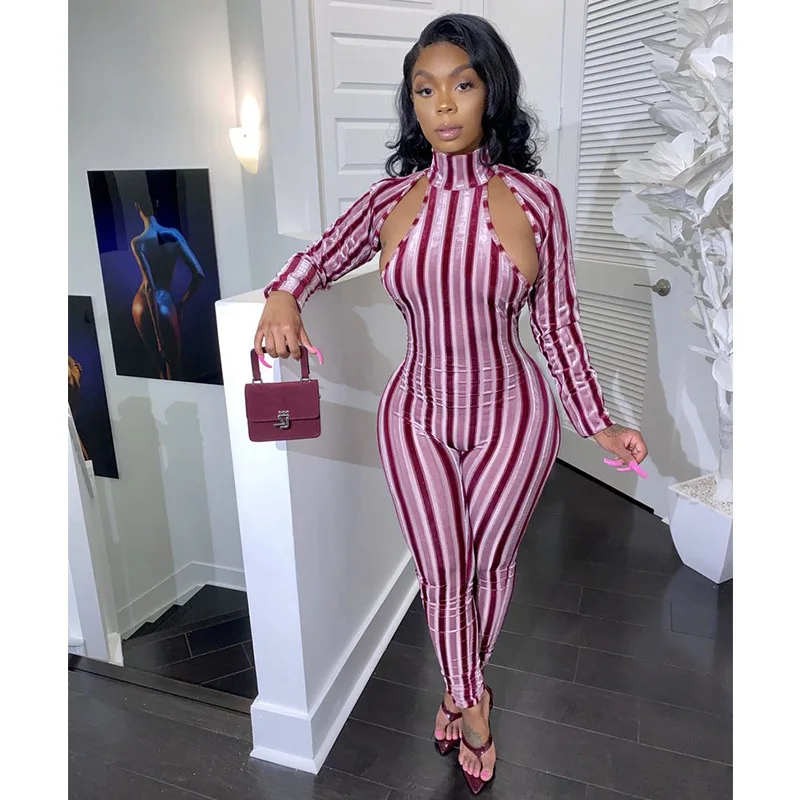 LEOSOXS woman High elastic striped print hollow out long-sleeve jumpsuit turtleneck street casual Sports long playsuit outfit