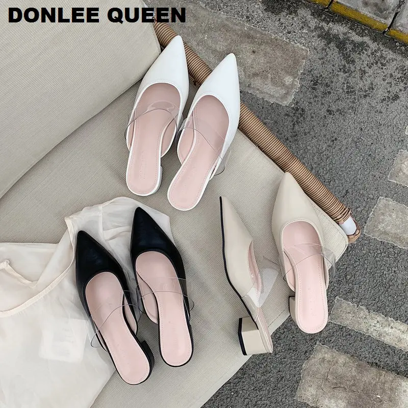 

2020 Fashion Women Pointed Toe Slippers Square Low Heels Ladies Slides Brand Mules Shoes Casual Outdoor Slipper zapatos de mujer