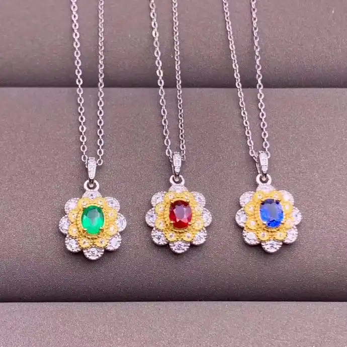 新製品市場で天然ルビーエメラルドサファイアネックレス 925 純銀ハイエンド色の宝 ペンダント Aliexpress