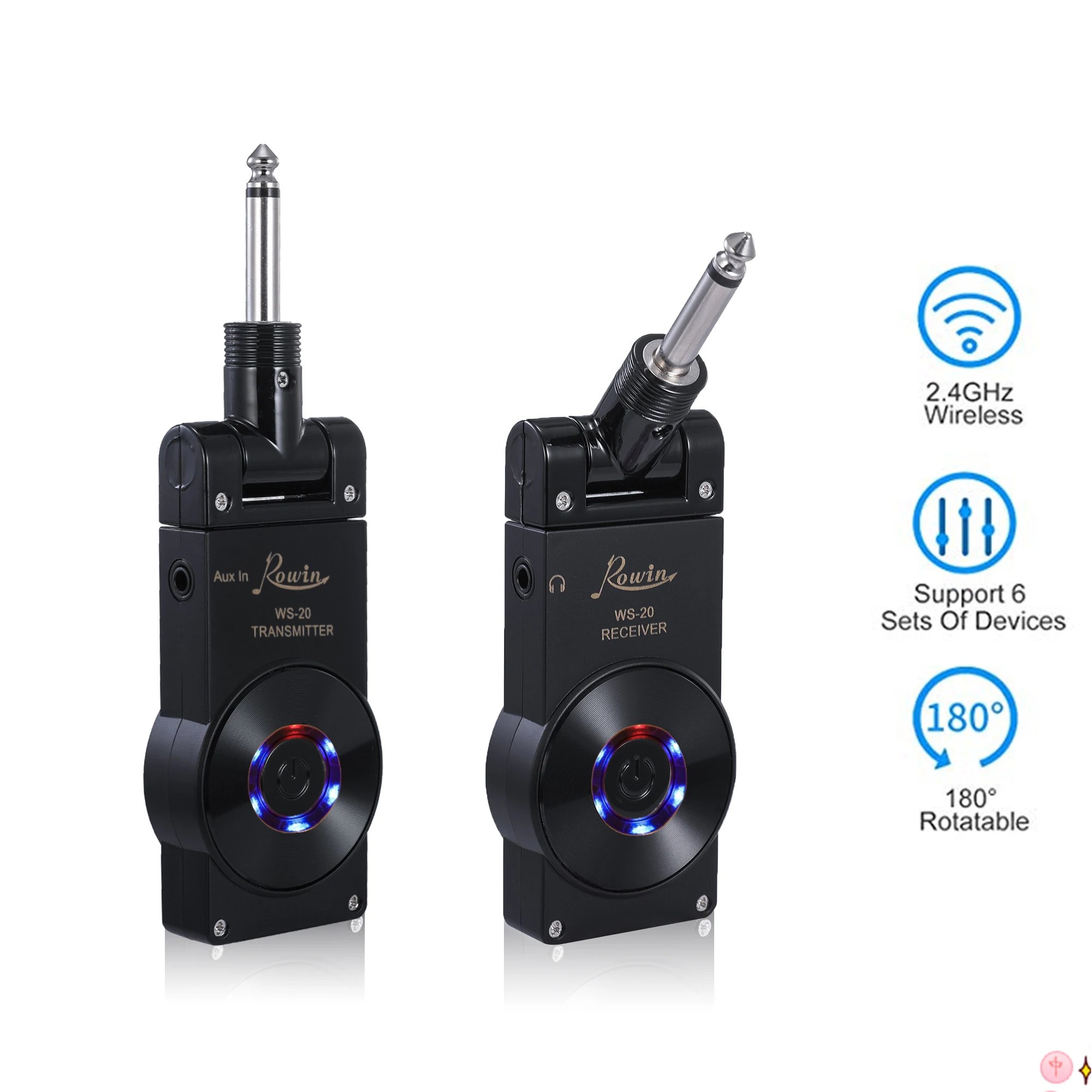 Black Rowin WS-20 2.4G Wireless Guitar System Transmitter Receiver Set 30 Meters Transmission Range with USB Charging Cable 4 colors - Цвет: Black