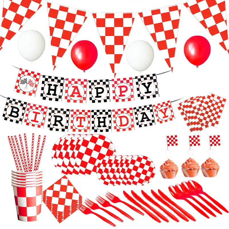 Красный, белый гоночный автомобильные темы одноразовая посуда гоночный автомобиль флаг тематическая вечеринка на день рождения украшения ...