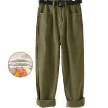 Зимние теплые утолщенные бархатные женские прямые джинсы, штаны с высокой талией и карманами, однотонные женские свободные джинсовые штаны