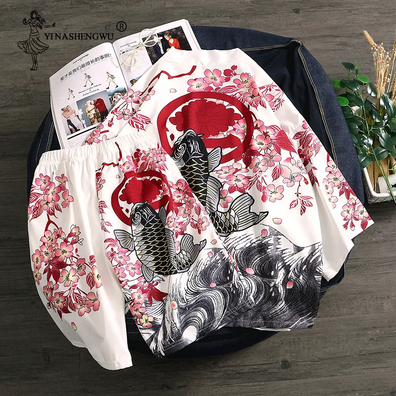 Традиционное японское кимоно юката для женщин и мужчин, кимоно, кардиган для мужчин, топ и брюки, наборы японских кимоно, летняя пляжная Тонкая Повседневная рубашка