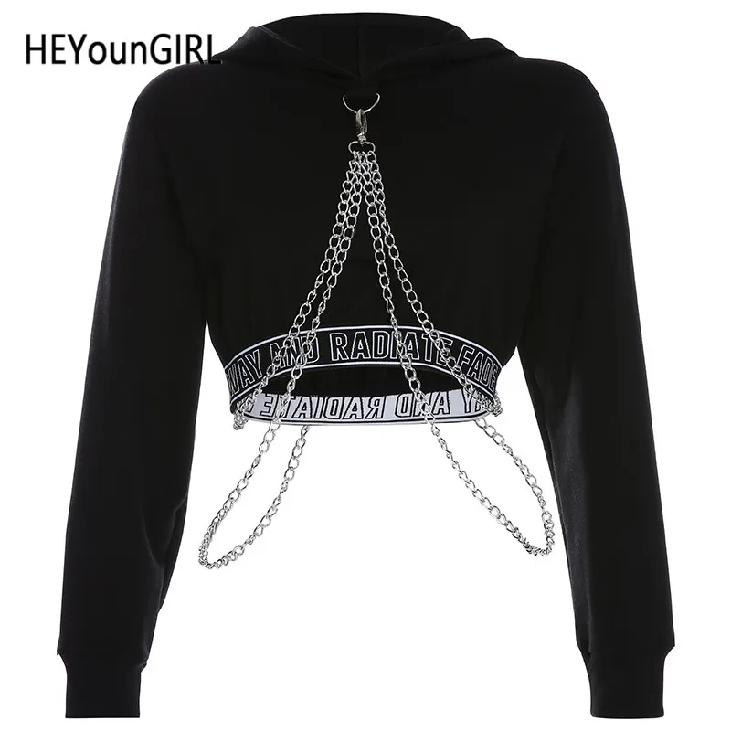 Черный HEYounGIRL Лоскутные черные толстовки с длинными рукавами Готический Повседневный свитер с капюшоном женский Harajuku Панк укороченная Толстовка Осень - Цвет: Черный