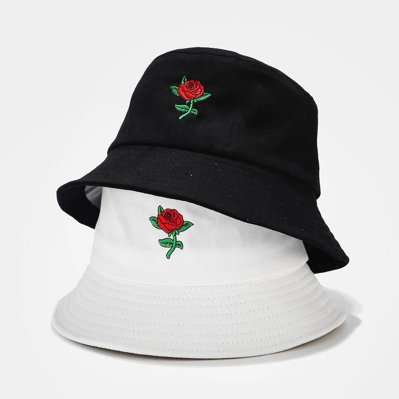 

Casual Rose Flower Embroidery Fisherman Hat Men Women Outdoor Fishing Cap Panama Bucket Cap