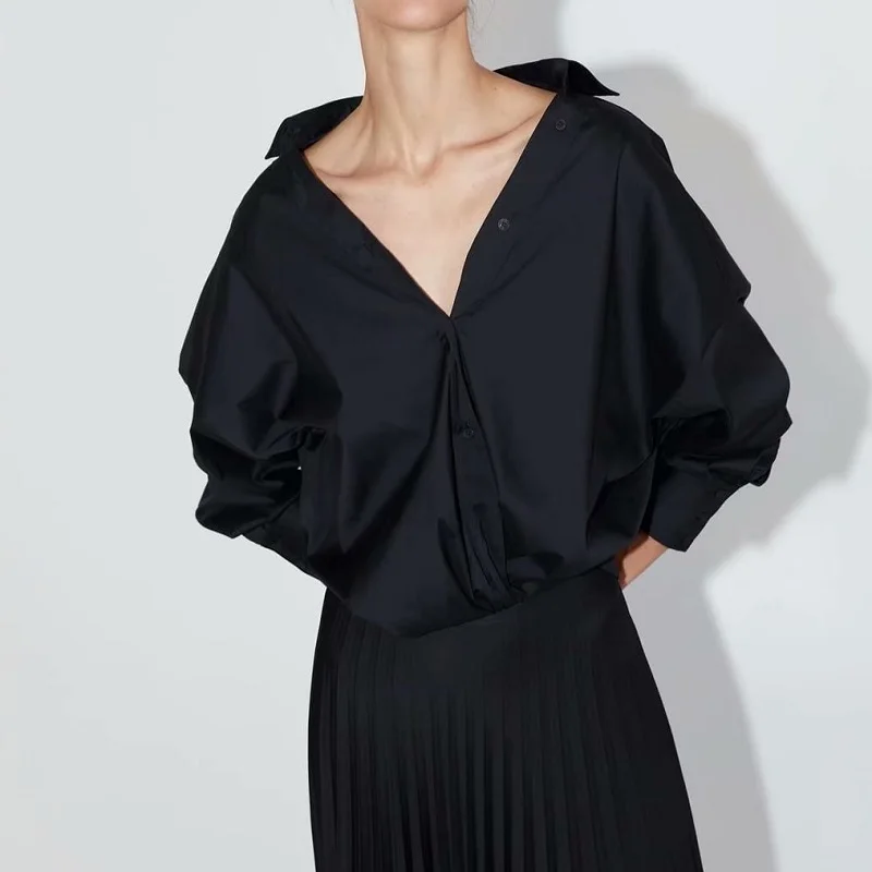 

Lady BlouseWith Knotted Front Casual Roomy Tops with Collar V-neck and Long Sleeves Front knot detail Blouses Women