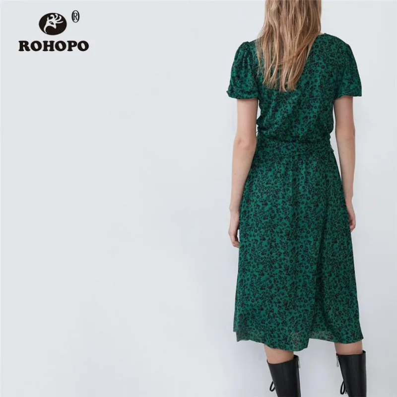 ROHOPO, короткий рукав, черный, Цветочный, круглый воротник, зеленое платье миди, боковое, с разрезом, с бантом, с поясом, с расклешенным подолом, для девушек, до середины икры, халат#9102