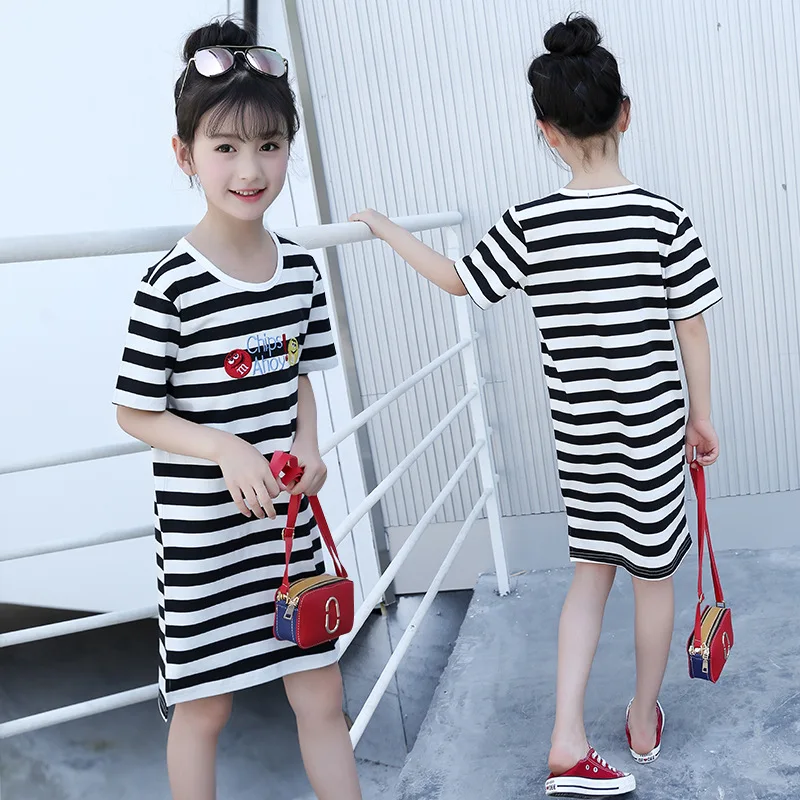 

Girls Dress Little Girl Black And White Stripes Skirt 2018 Summer New Style Children Big Boy Thin Short Sleeve Dress