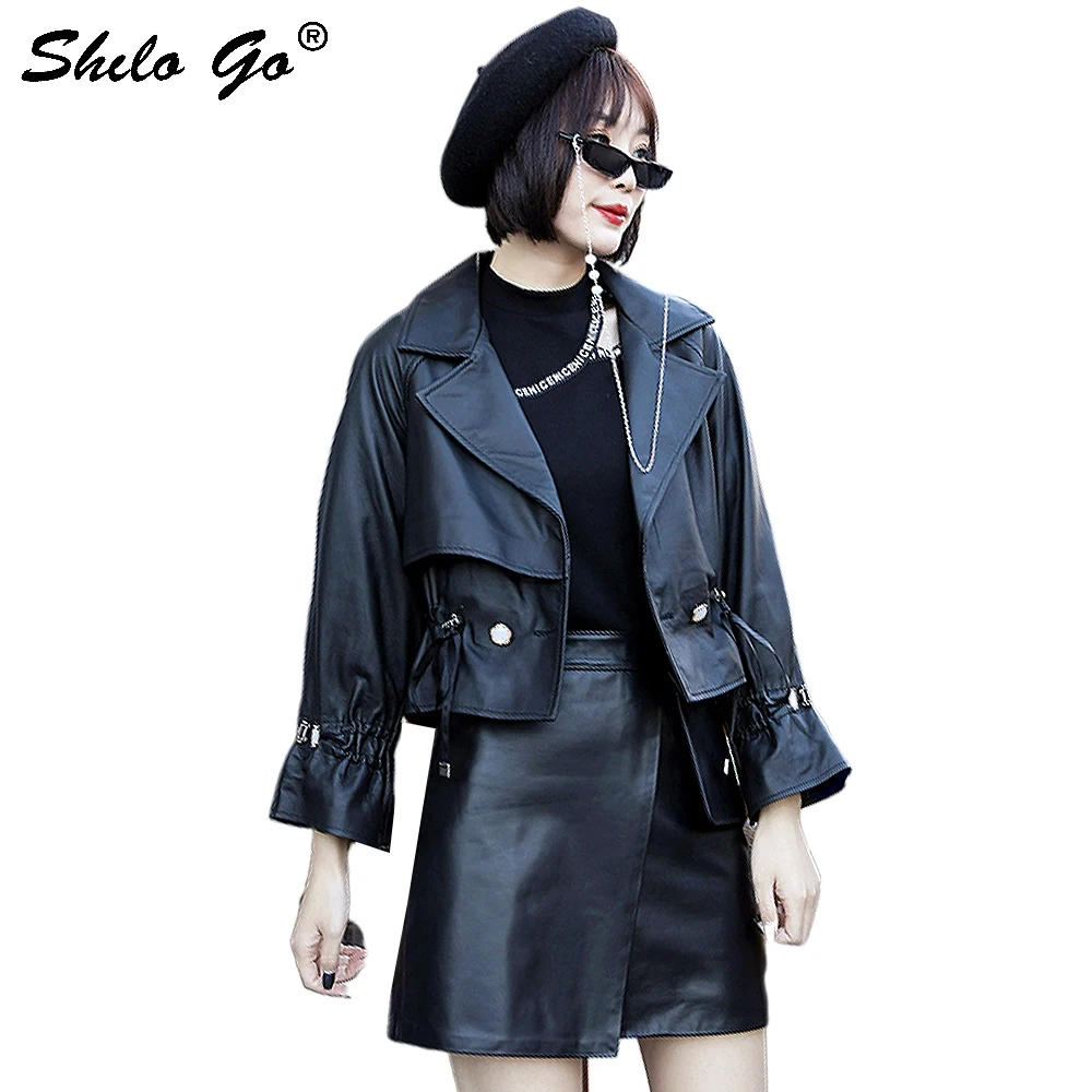 

Genuine Leather Jacket Elegant Drawstring Waist Notched Neck Ruffles Hem Sheepskin Coat Women Autumn Winter Office Lady Outwear