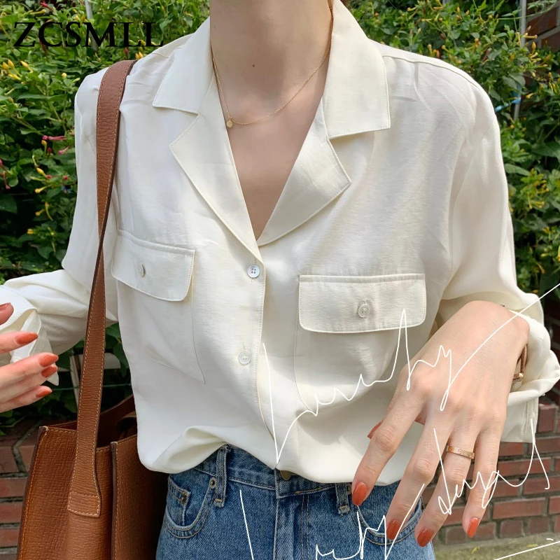 

ZCSMLL Korean Autumn French Vintage Fashion Blouse Lapel Double Pocket Design Simple Casual Loose All-match Shirt Top Women