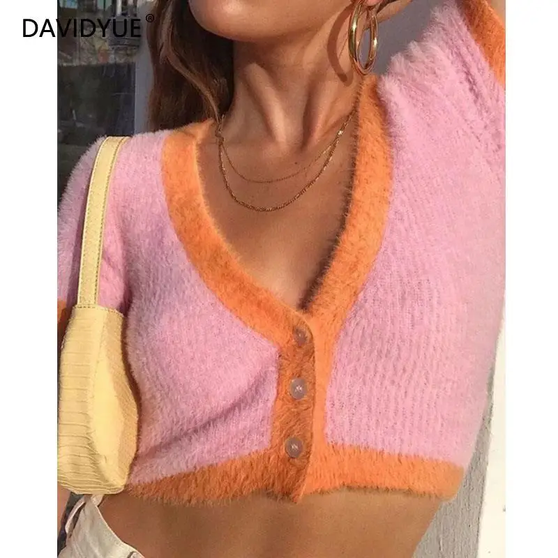 Pink cardigan womens sweaters korean crop sweater yellow autumn tops short sleeve v neck short cardigan mohair sweater fall 2021