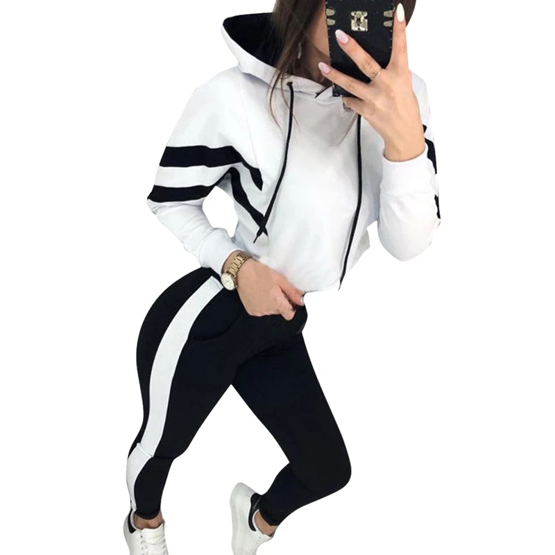 Vertvie женский спортивный костюм с капюшоном, осень, спортивный костюм с длинным рукавом, комплект из 2 предметов, модная одежда в полоску, спортивная одежда - Цвет: white
