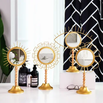 

Home Dressing Sun Gold Round Standing Makeup Mirror Nordic Metal Eyes Flower Table Decorative Stand Mirror For Bedroom Bathroom