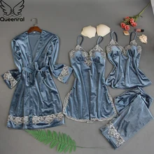 Queenral, 4 шт., зимняя бархатная Пижама золотого цвета для женщин, теплая Пижама, пижама Mujer, комплекты с нагрудными накладками, домашняя одежда